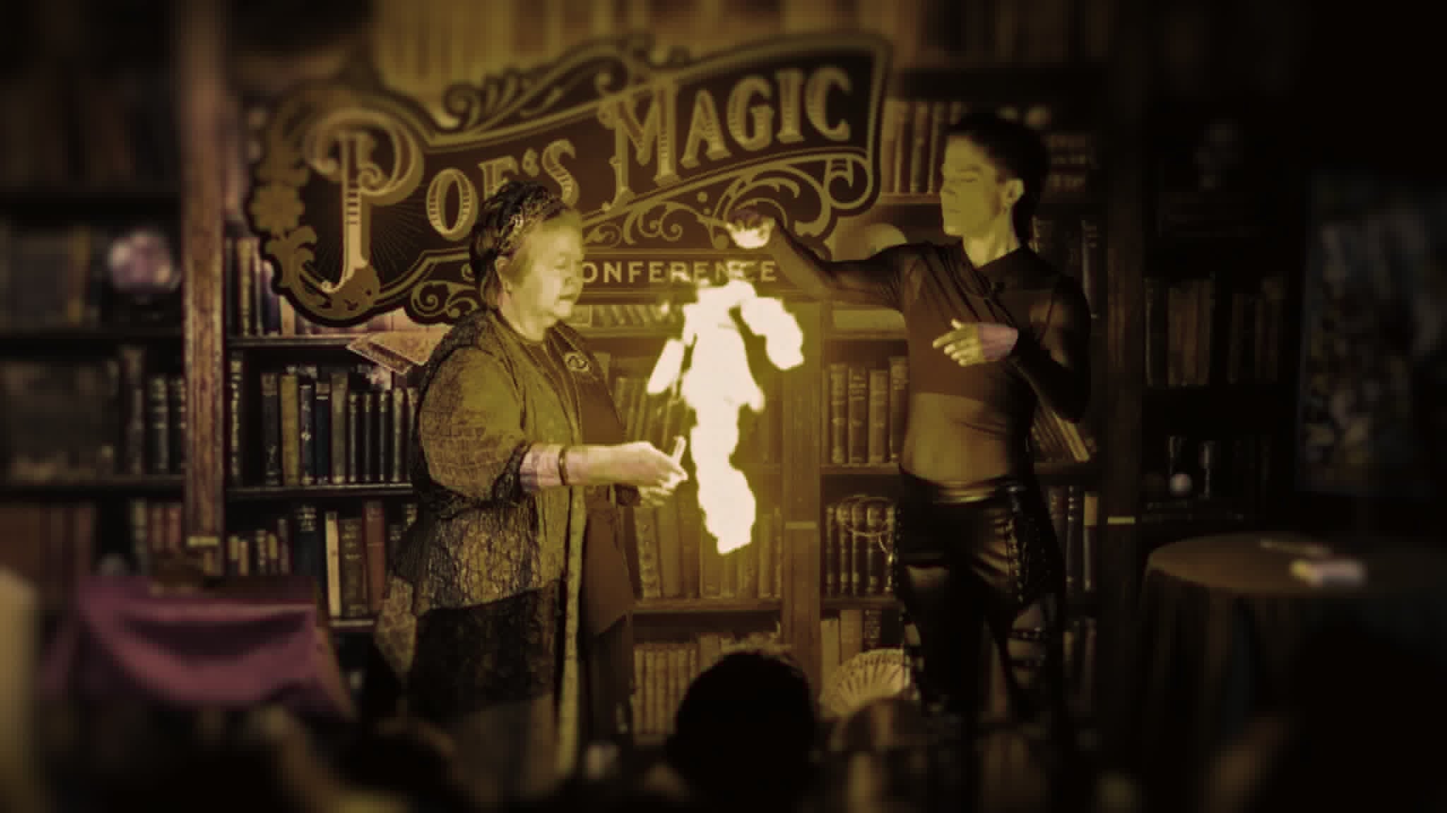 Tara McAllister performing a dramatic fire illusion at Poe's Magic Conference